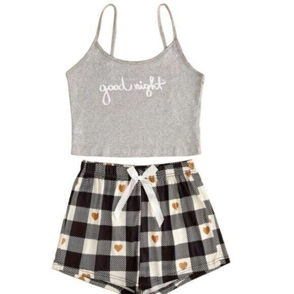 Other - NWOT Women’s 2 Piece Lounge Pajama Short Set Gray Tank Top Gold/Black Shorts - M